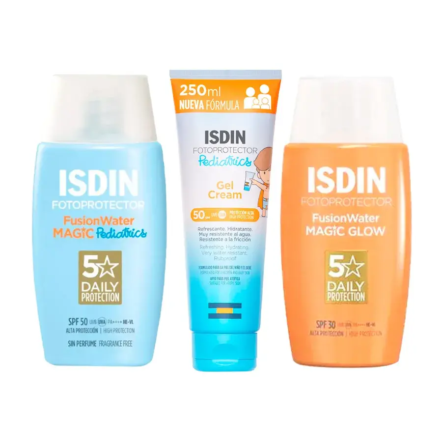 Pack Fotoprotector ISDIN: Fusion Water Magic SPF50 + Fusion Water Glow SPF30 + Gel Cream Pediatrics SPF50
